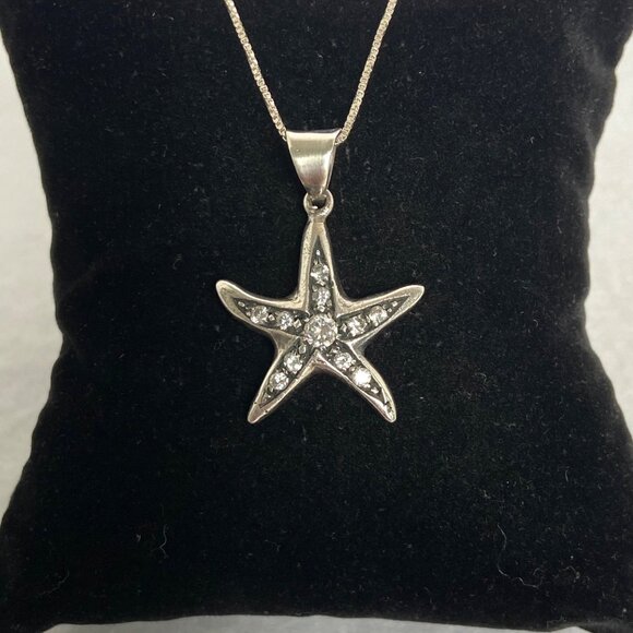 Sterling Silver 925 Starfish Seastar Cubic Zirconia Pendant Necklace 18" Chain - Picture 12 of 16